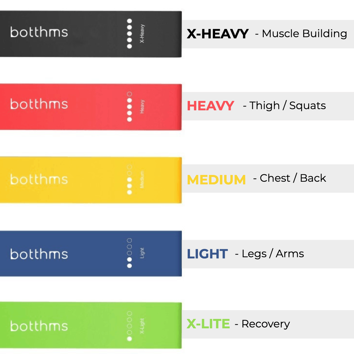 different types of botthms resistance bands ranging from x-heavy to x-lite